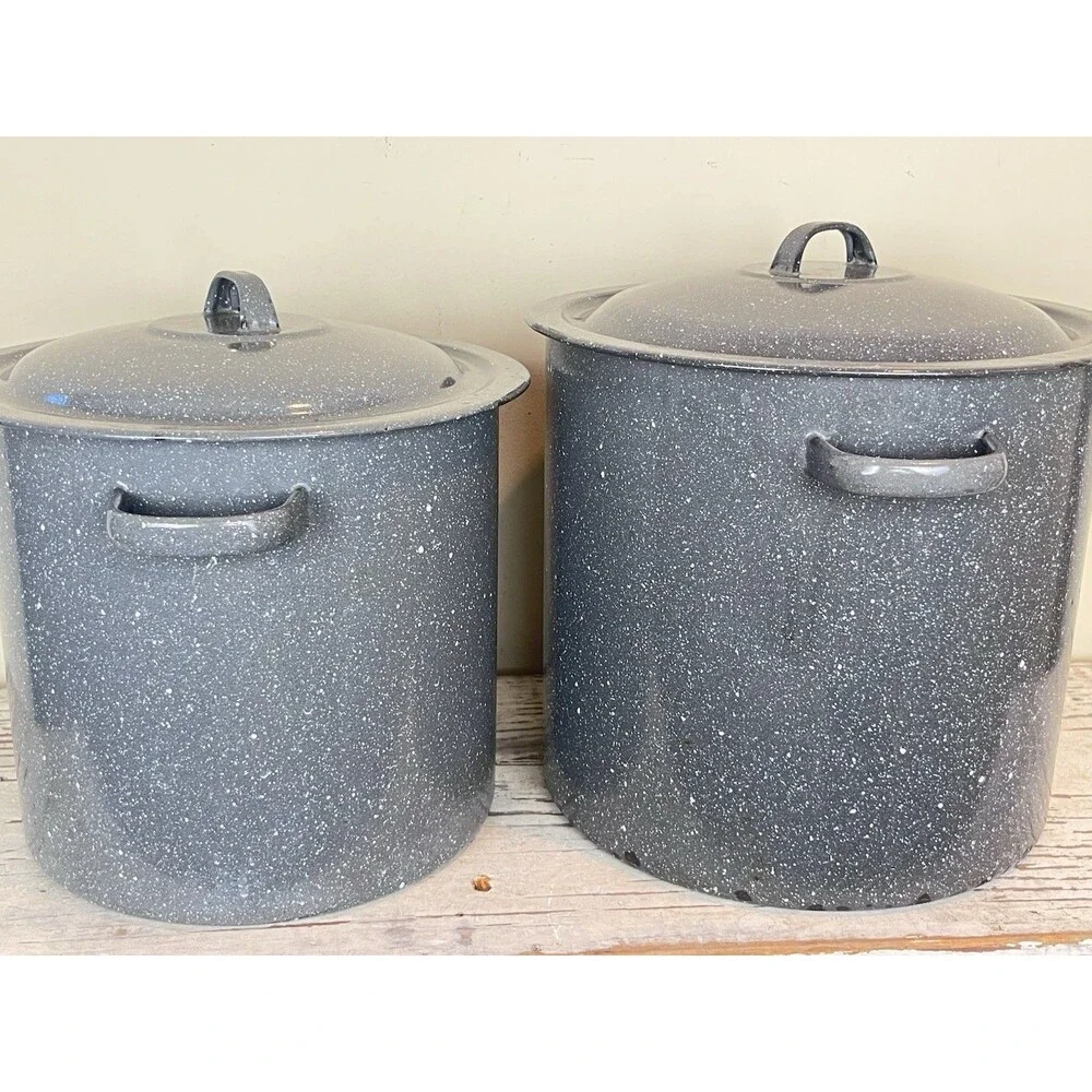 Vintage Grey Speckled Enamelware Set Of Nesting Stock Pots Country Home Camping